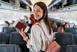 woman getting to her seat on a plane